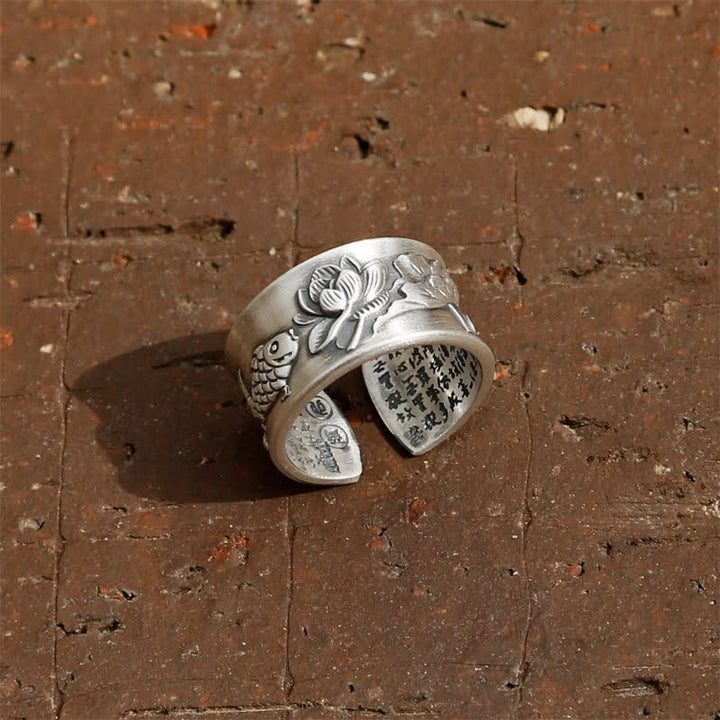 Anello Buddha Stones 999 Sterling Silver Luck Koi Fish Lotus Heart Sutra Wealth