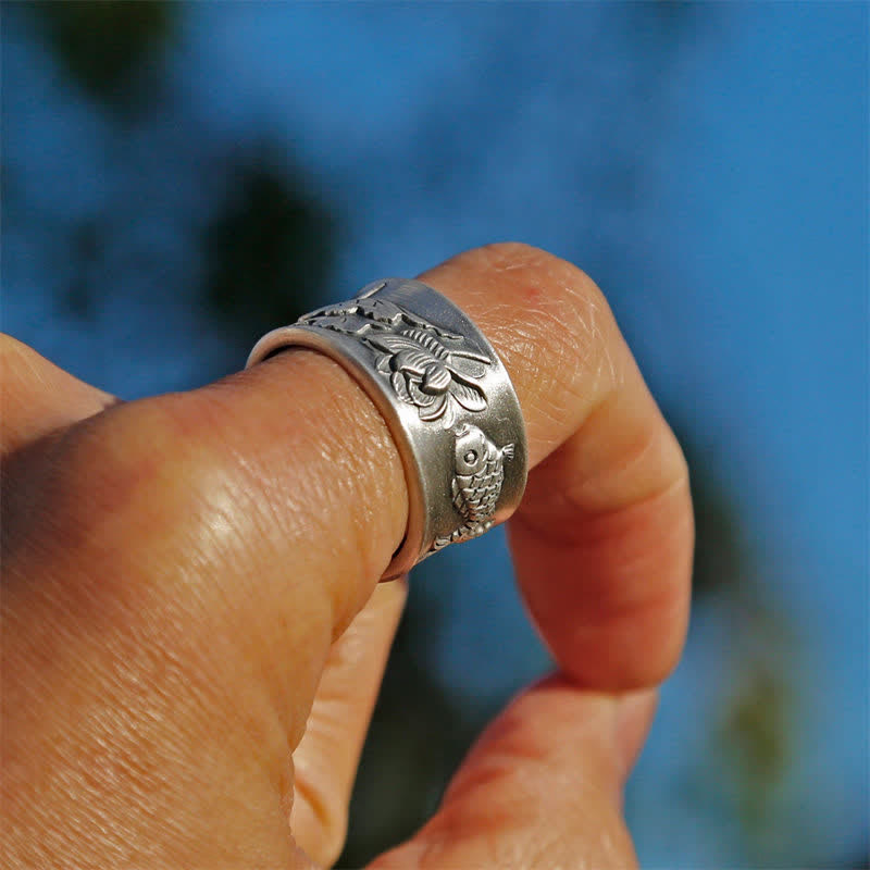 Anello Buddha Stones 999 Sterling Silver Luck Koi Fish Lotus Heart Sutra Wealth