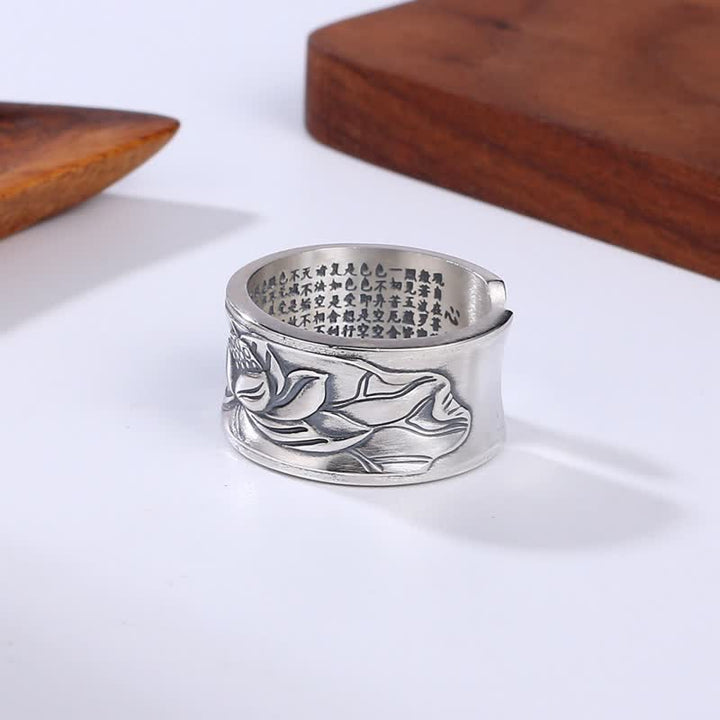 Anello di protezione del sutra del cuore del fiore di loto in argento sterling 999 Buddha Stones
