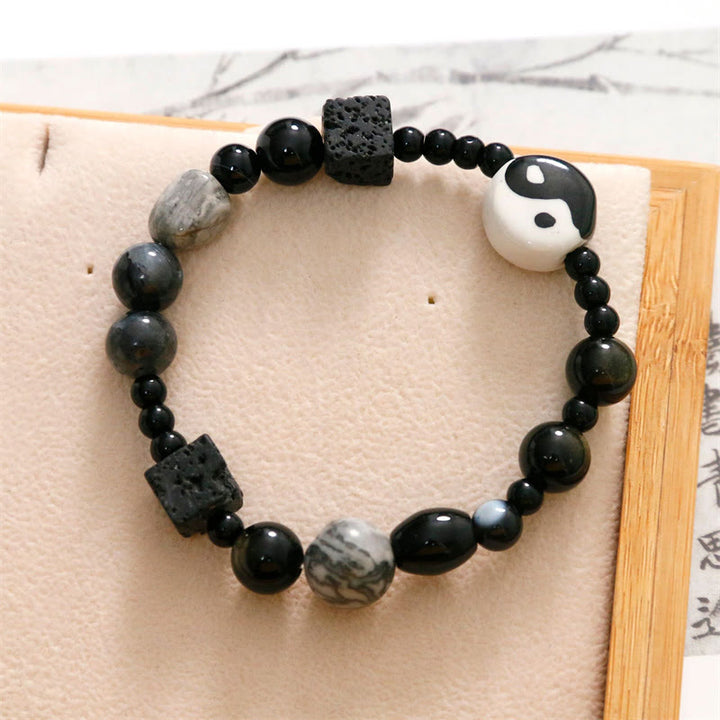 Braccialetto di protezione della fortuna Yin Yang con perline di diaspro Picasso in onice nero Buddha Stones - image 12