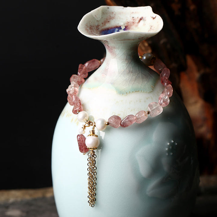 Braccialetto di guarigione dell'amore placcato in oro 14k con perle di quarzo fragola naturale