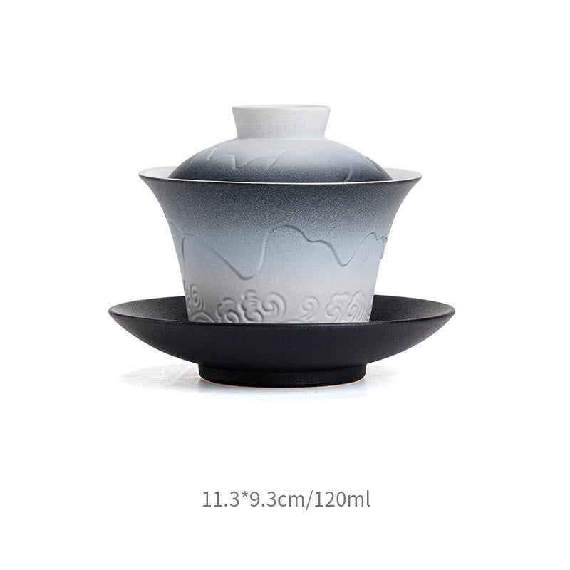 Buddha Stones Retro Blu Oceano Mare Onde Gradiente Ceramica Gaiwan Sancai Tazza da Tè Kung Fu Tazza da Tè e Piattino con Coperchio
