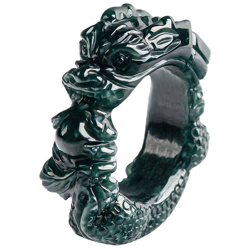 Anello di successo intagliato con drago di giada ciano naturale Buddha Stones