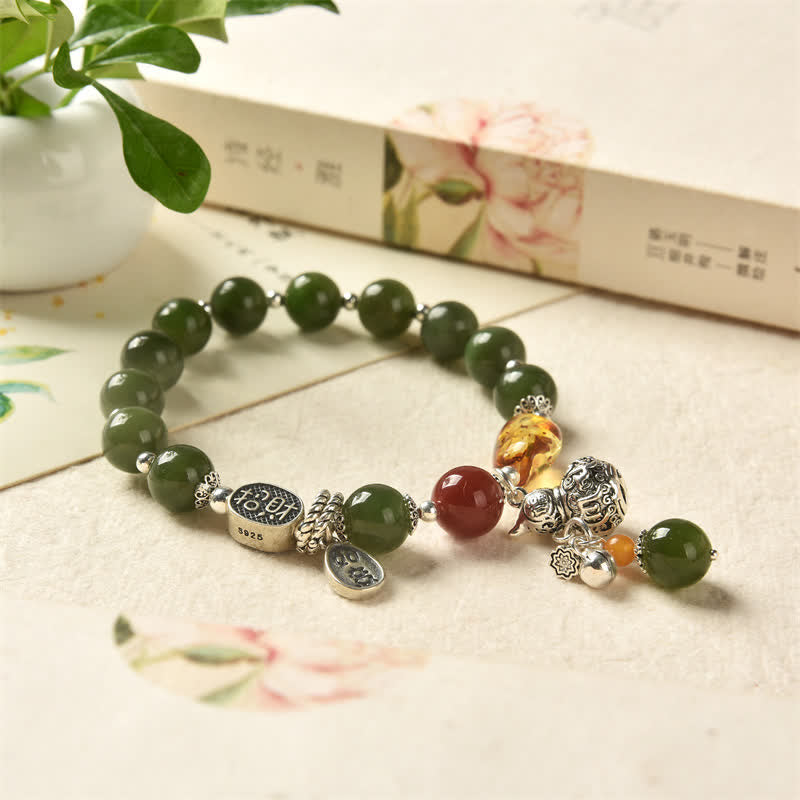 Bracciale Buddha Stones 925 Sterling Silver Hetian Cyan Jade Zucca Ambra Successo