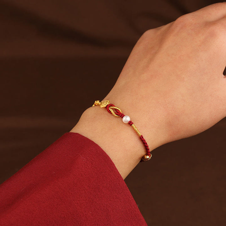 Buddha Stones 24K Oro Desiderio Ruyi Maniglia Fu Carattere Coniglio Perla Fortuna Bracciale Intrecciato