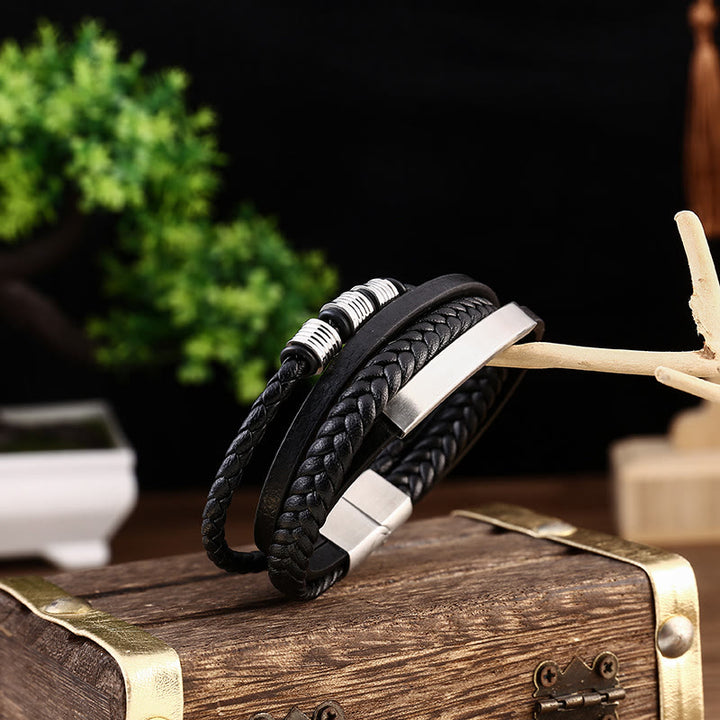 Bracciale con fibbia magnetica intrecciata in acciaio al titanio multistrato in pelle Buddha Stones