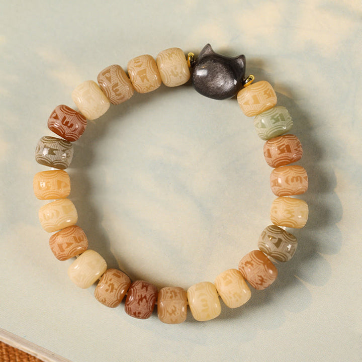 Buddha Stones Semi di Bodhi Argento Lucentezza Ossidiana Testa di Gatto Om Mani Padme Hum Braccialetto Armonia Inciso - image 2