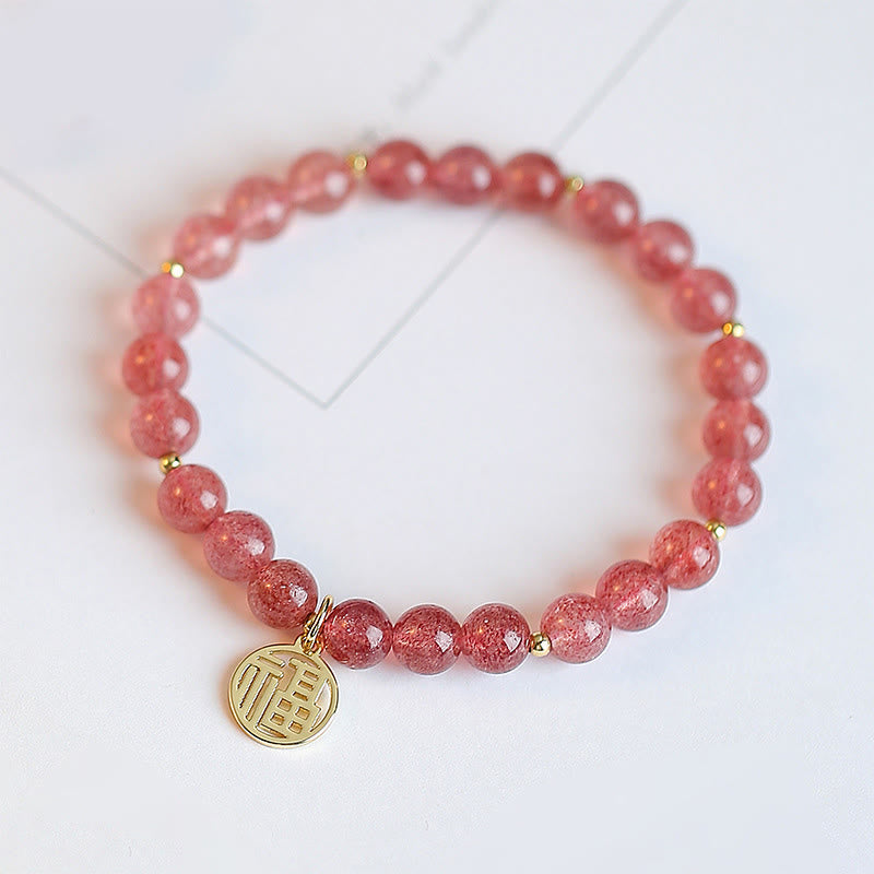 Braccialetto con ciondolo curativo in quarzo fragola placcato oro 14K Buddha Stones Fu