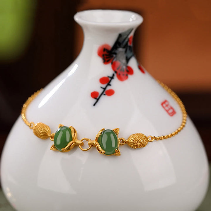 Braccialetto portafortuna con giada bianca naturale Hetian in argento sterling 925 Buddha Stones, giada ciano e volpe adorabile