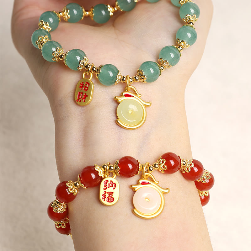 Buddha Stones Anno del Drago Agata Rossa Avventurina Verde Fibbia della Pace Carattere Fu Bracciale Fortunato