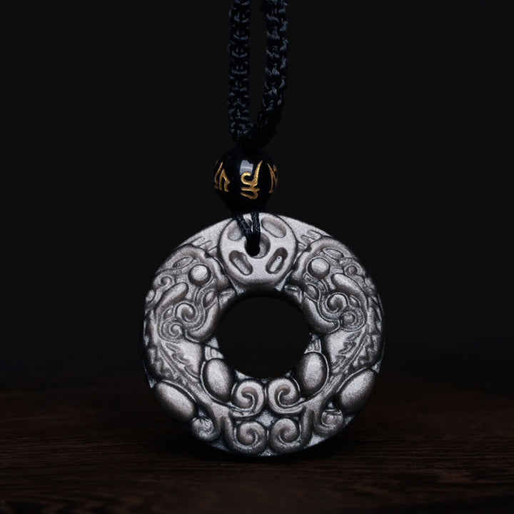 Buddha Stones con ciondolo con fibbia della pace in argento naturale lucido ossidiana doppia PiXiu moneta di rame - image 7