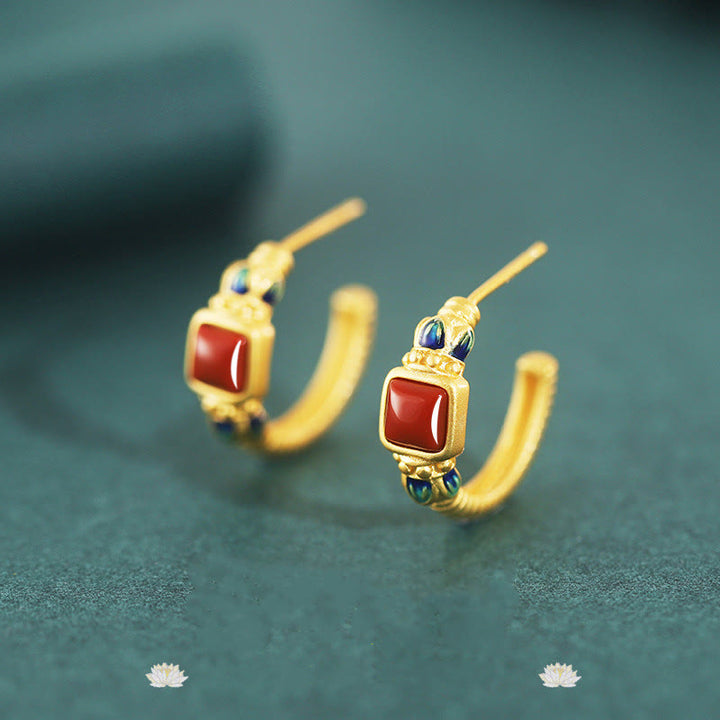 Orecchini a bottone in argento sterling 925 con agata rossa e loto, fiducia e calma