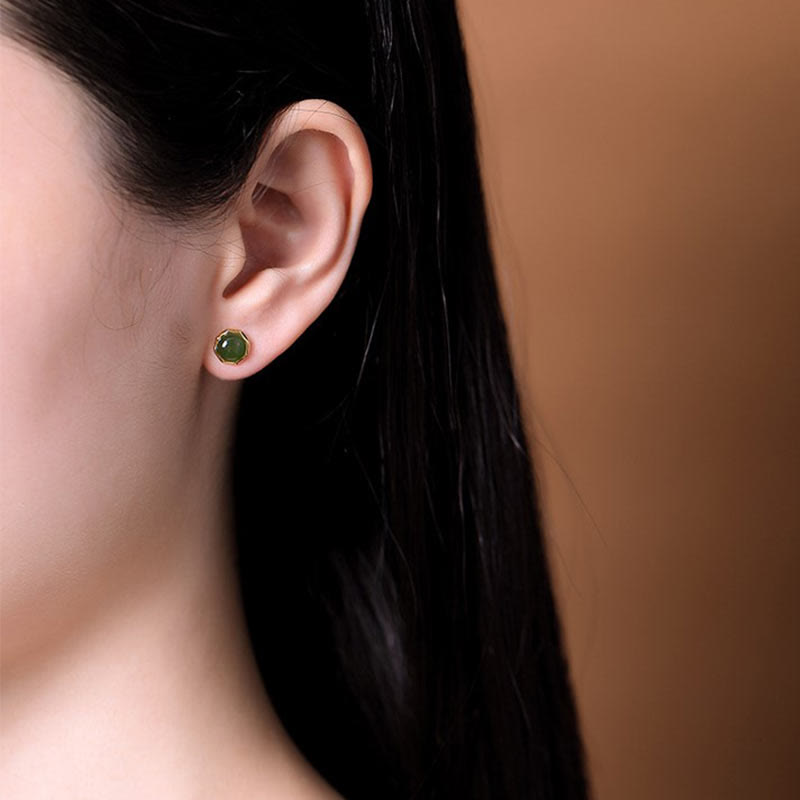 Orecchini a bottone con perline di giada ciano naturale Hetian in argento sterling 925 placcato oro Buddha Stones