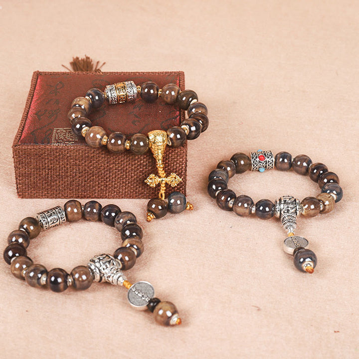 Buddha Stones Tibet Om Mani Padme Hum Ruota di preghiera Dorje Vajra Perline di vetro incise Bracciale della saggezza