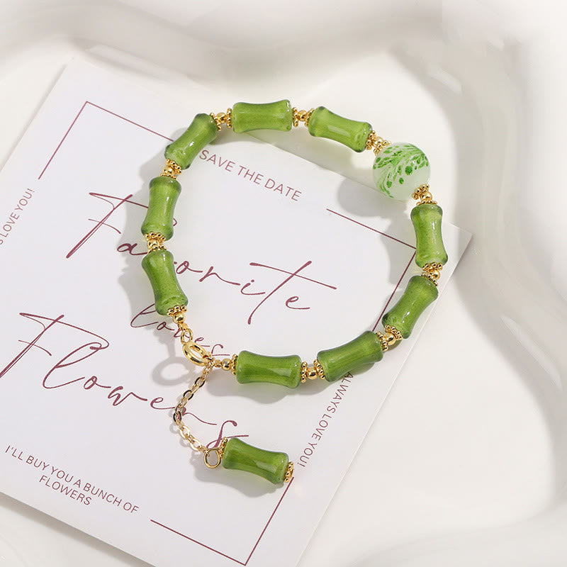 Bracciale a catena della ricchezza in agata muschiata con motivo in bambù verde Buddha Stones Liuli