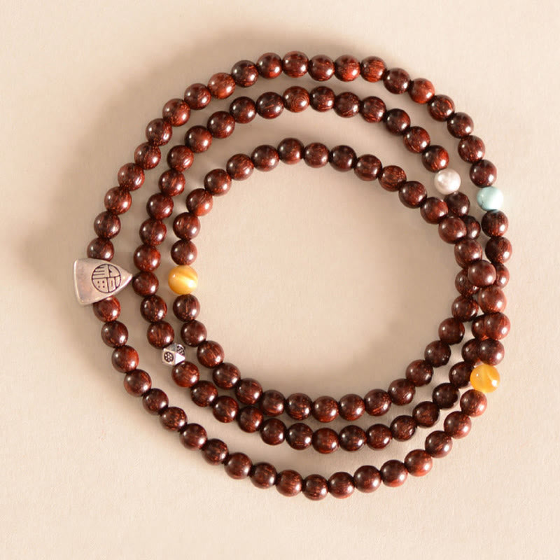 Braccialetto a triplo giro con protezione del carattere Fu, in argento Buddha Stones 925, con piccola foglia indiana in legno di sandalo rosso