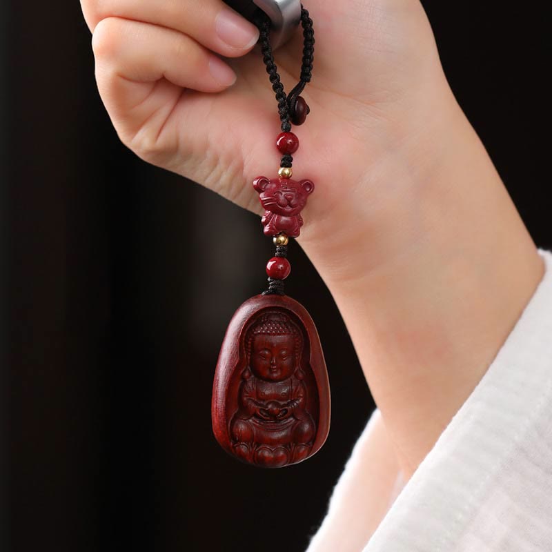 Buddha Stones Piccola foglia Sandalo rosso Buddha Cinabro Zodiaco cinese Amuleto Protezione Portachiavi