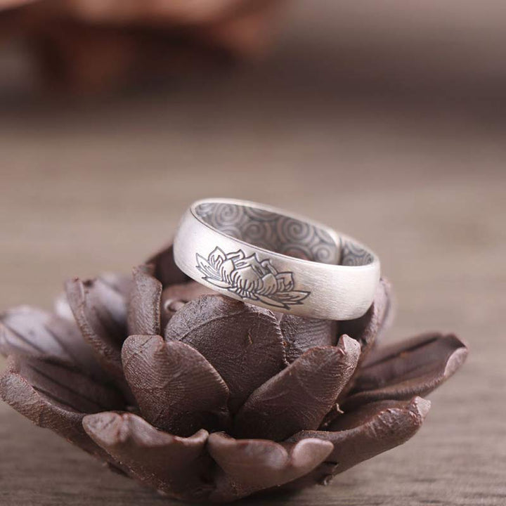 Anello di benedizione Buddha Stones 999 Sterling Silver Lotus Elephant Six True Words