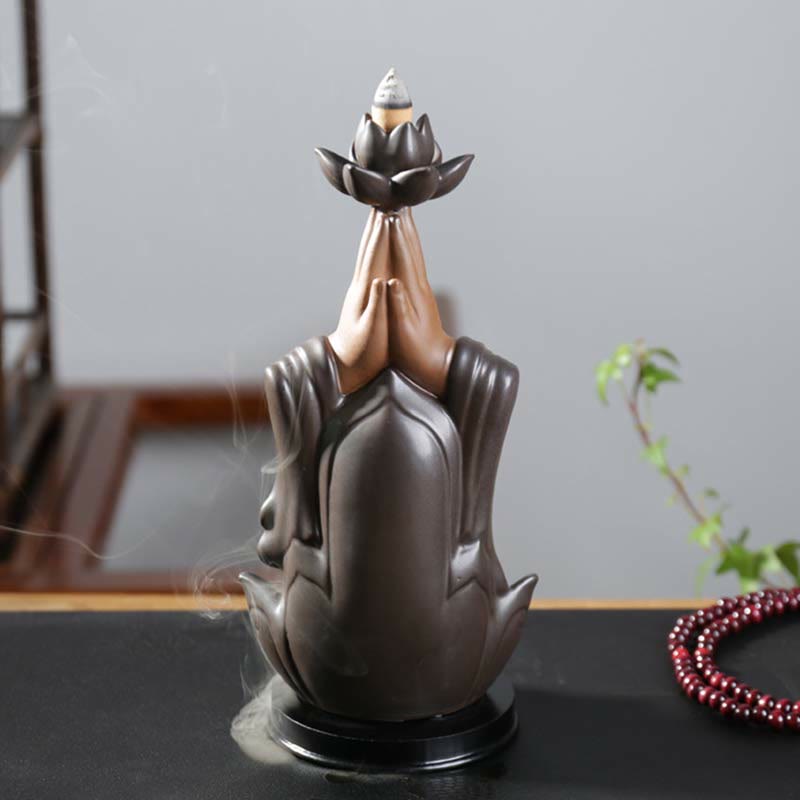 Buddha Avalokitesvara Chenrezig Ksitigarbha Ceramica Loto Benedizione Bruciatore di Incenso a Flusso Inverso