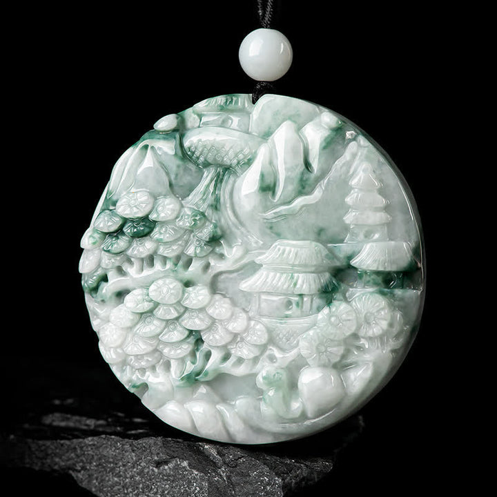 Collana con corda di abbondanza di giada con paesaggio montano Buddha Stones