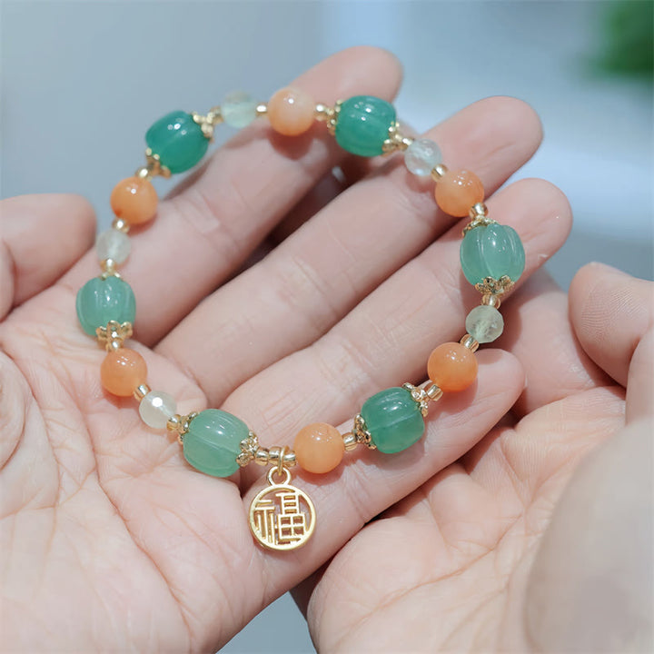 Buddha Stones Natural Golden Silk Jade Zucca Perlina Fu Carattere Charm Bracciale Ricchezza