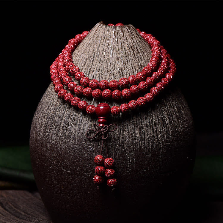 Buddha Stones 108 Mala Beads Cinnabar Om Mani Padme Hum Pattern Braccialetto di benedizione inciso