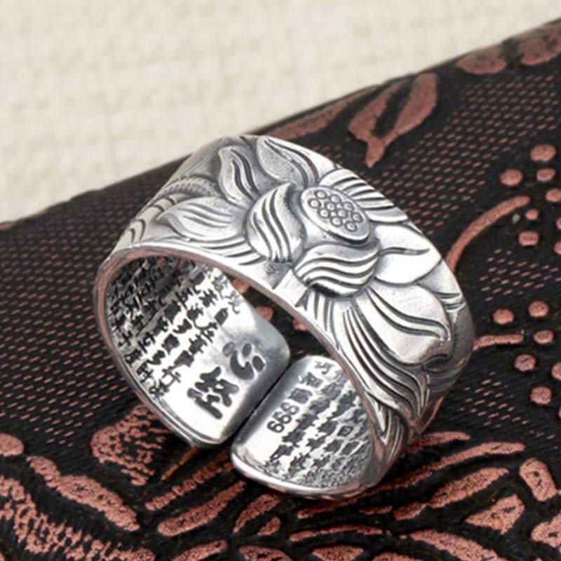 Anello di protezione del sutra del cuore con simbolo del loto in argento sterling 999 Buddha Stones
