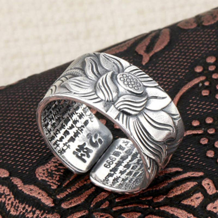 Anello di protezione del sutra del cuore con simbolo del loto in argento sterling 999 Buddha Stones