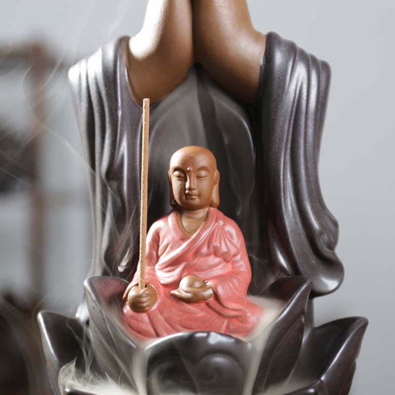 Buddha Avalokitesvara Chenrezig Ksitigarbha Ceramica Loto Benedizione Bruciatore di Incenso a Flusso Inverso
