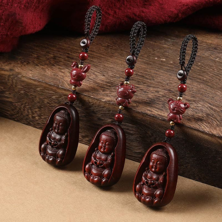 Buddha Stones Piccola foglia Sandalo rosso Buddha Cinabro Zodiaco cinese Amuleto Protezione Portachiavi