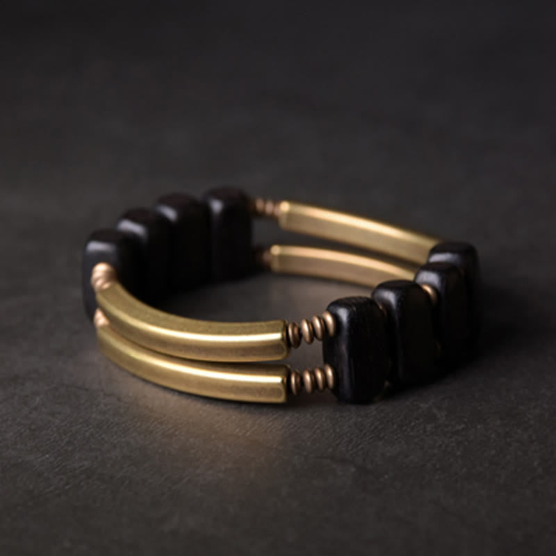 Bracciale a doppio strato in ottone e rame con Buddha Stones in legno di ebano tibetano - 17-17,5 cm - image 0
