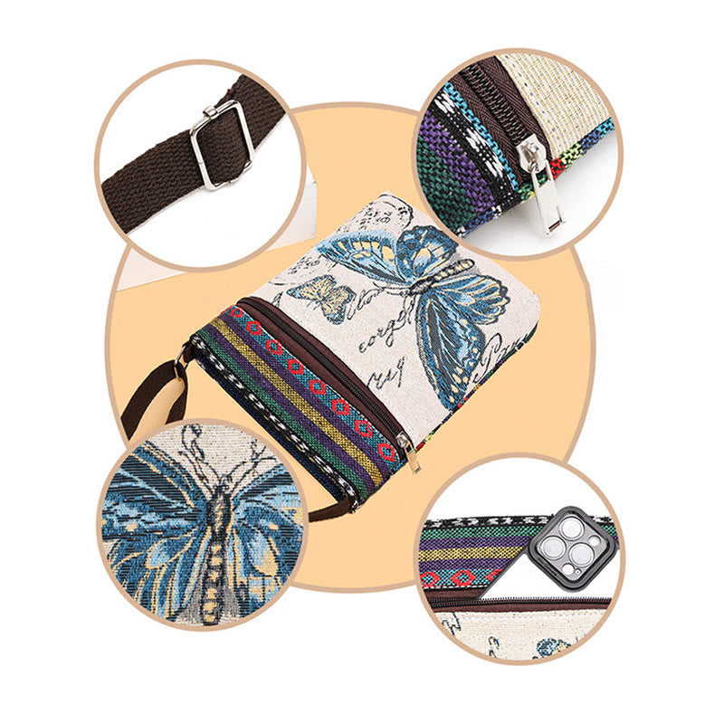 Borsa a tracolla in tela ricamata con elefante e farfalla, motivo Buddha Stones