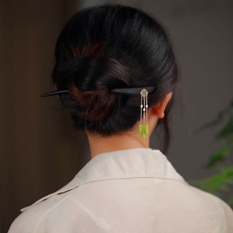 Buddha Stones Peridoto naturale Legno di ebano Amore Nappe Forcina per capelli