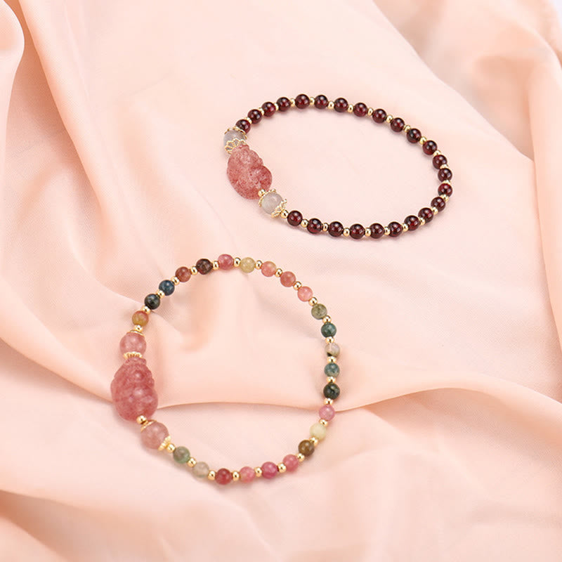 Braccialetto di protezione in pietra di luna PiXiu con quarzo fragola, tormalina naturale e granato Buddha Stones