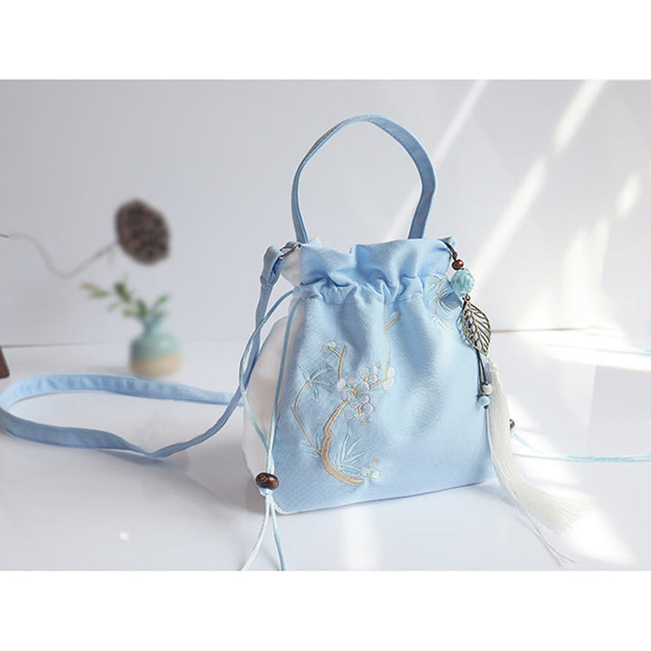 Borsa a tracolla in tela con fiori ricamati a mano con Buddha Stones