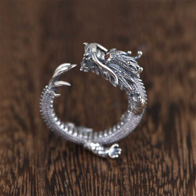 Anello di protezione della fortuna del drago in argento sterling 925 Buddha Stones