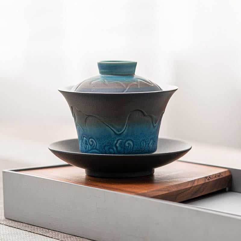 Buddha Stones Retro Blu Oceano Mare Onde Gradiente Ceramica Gaiwan Sancai Tazza da Tè Kung Fu Tazza da Tè e Piattino con Coperchio