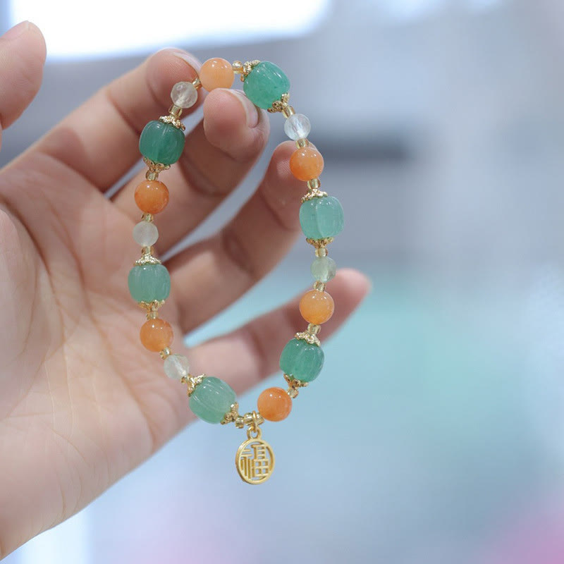 Buddha Stones Natural Golden Silk Jade Zucca Perlina Fu Carattere Charm Bracciale Ricchezza