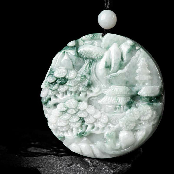 Collana con corda di abbondanza di giada con paesaggio montano Buddha Stones