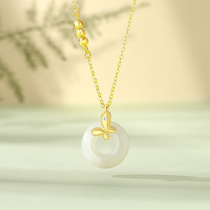 Buddha Stones Argento Sterling 925 Foglia di Ginkgo Farfalla Rosa Calcedonio Giada Hetian Fibbia della Pace Carattere Fu Collana Pendente Armonia