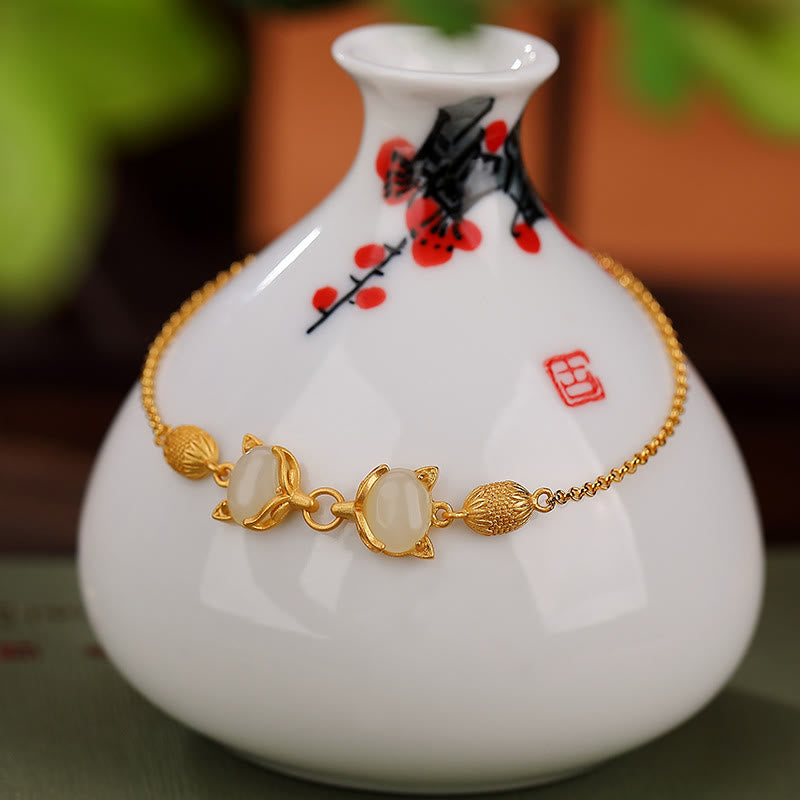 Braccialetto portafortuna con giada bianca naturale Hetian in argento sterling 925 Buddha Stones, giada ciano e volpe adorabile