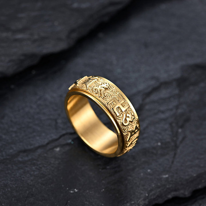 Buddha Stones Sei parole vere Equilibrio Calma Anello in titanio e acciaio