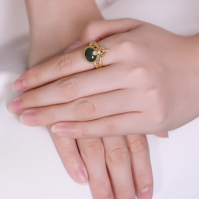 Buddha Stones Zucca Giada Ciano Moneta di Rame Fortuna Anello Regolabile