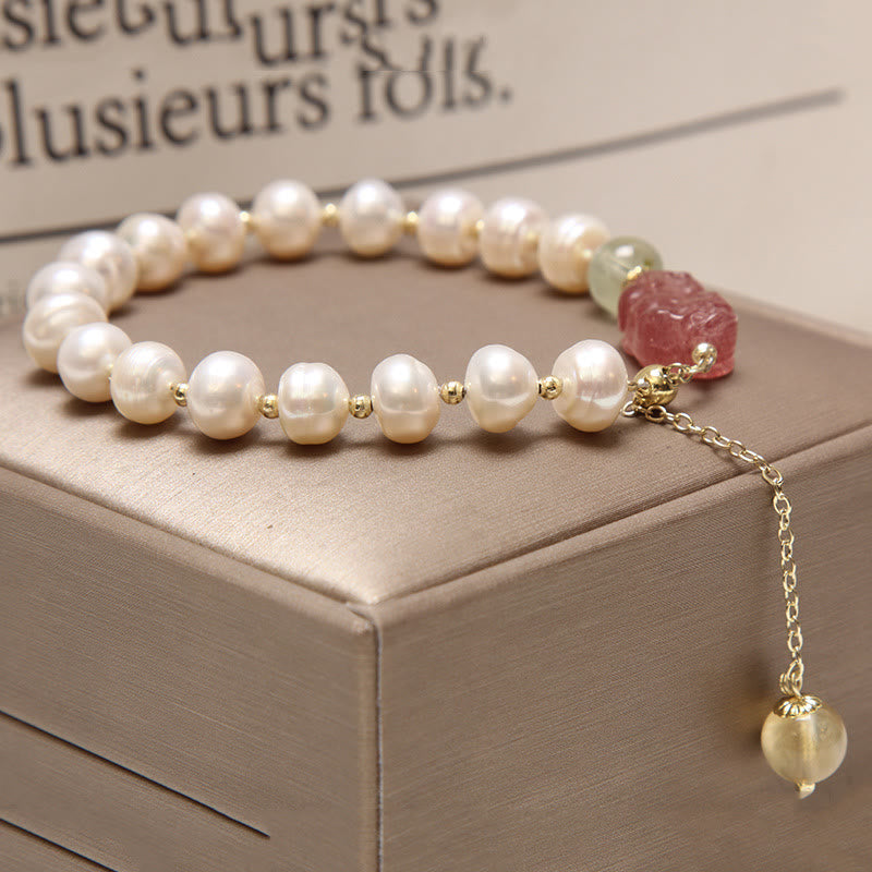 Braccialetto con ciondolo ottimismo PiXiu in quarzo fragola e perle naturali Buddha Stones