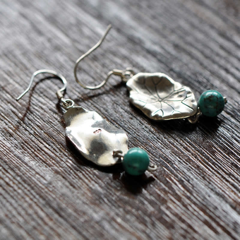 Orecchini pendenti con protezione a forma di foglia di loto turchese in argento sterling 925 Buddha Stones