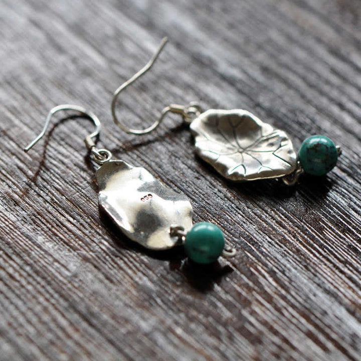 Orecchini pendenti con protezione a forma di foglia di loto turchese in argento sterling 925 Buddha Stones