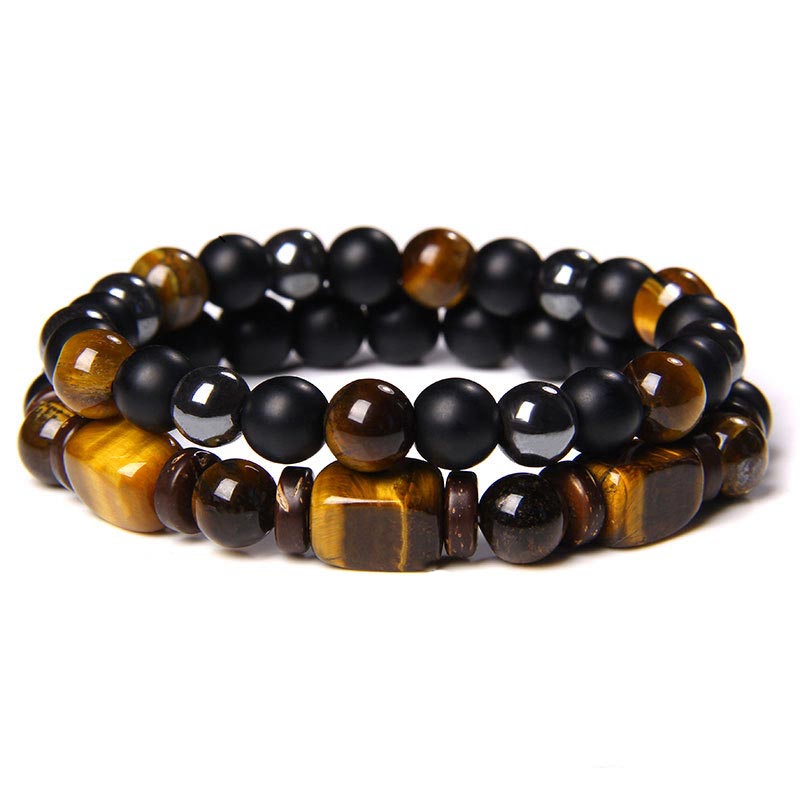 Braccialetto del coraggio in pietra ematite con occhio di tigre e pietre smerigliate Buddha Stones