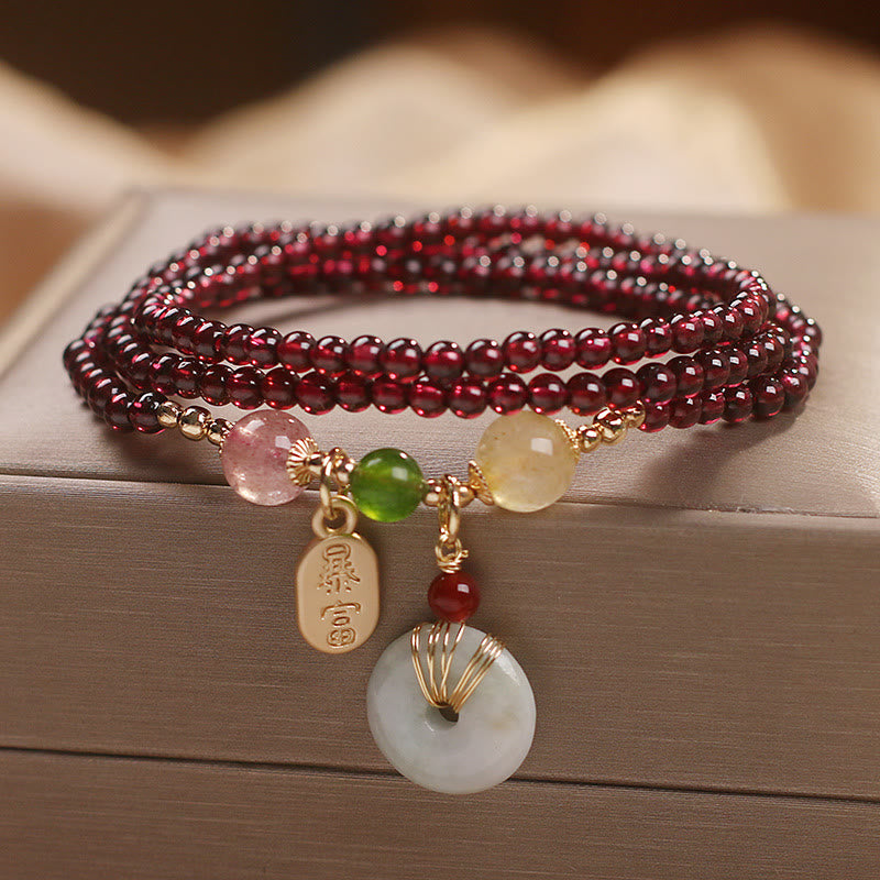 Buddha Stones Granato naturale Cristallo di quarzo fragola Volpe Koi Pesce Pace Fibbia Fortuna Protezione Braccialetto a triplo giro
