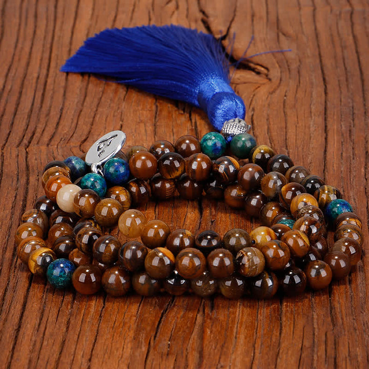 Buddha Stones 108 Mala Beads Occhio di tigre Buddha Forza Braccialetto Nappa Collana Pendente