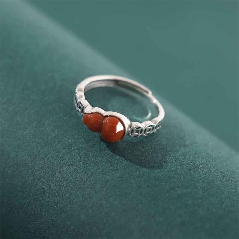 Anello di autoaccettazione con moneta di rame e zucca in argento sterling 925 con pietre Buddha Stones e agata rossa